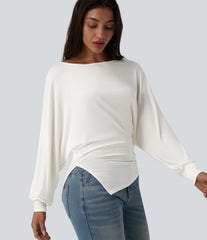 Ribbed Knit Boat Neck Batwing Long Sleeve Split Ruched Hem Casual Top