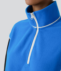 Stand Collar Half Zip Long Sleeve Color Block Fleece Casual Sweatshirt