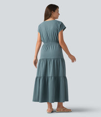 V Neck Short Sleeve Stretchy Poplin Midi Casual Dress