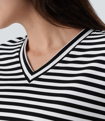 V Neck Stripe Waffle Relax Work Tee
