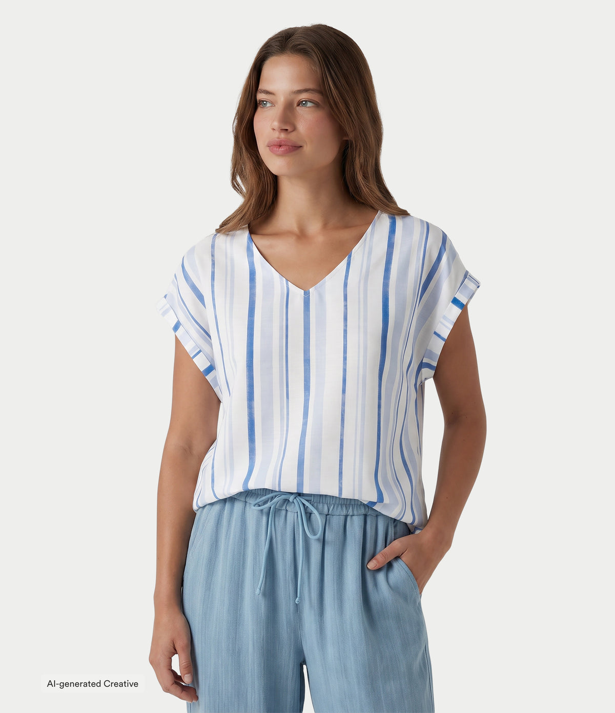 V Neck Cap Sleeve Striped Casual T-Shirt