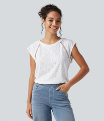 Round Neck Cap Sleeve Cut Out Tie Back Casual Blouse
