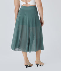 High Waisted Drawstring Contrast Mesh 2-in-1 Pocket Flowy Midi Flare Casual Plus Size Skirt