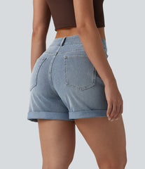 Halara Flex™ Asymmetric High Waisted Rolled Hem Washed Denim Casual Shorts with Pockets
