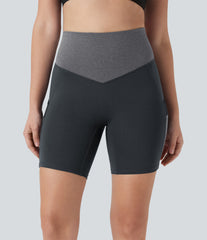 High Waisted Color Block Contrast Mesh Quick Dry Yoga Biker Shorts 7'' with Pockets