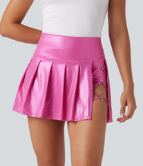 SoftlyZero™ Faux Leather High Waisted 2-in-1 Pleated Sparkle Foil Print Stretchy Mini Skirt with Pockets
