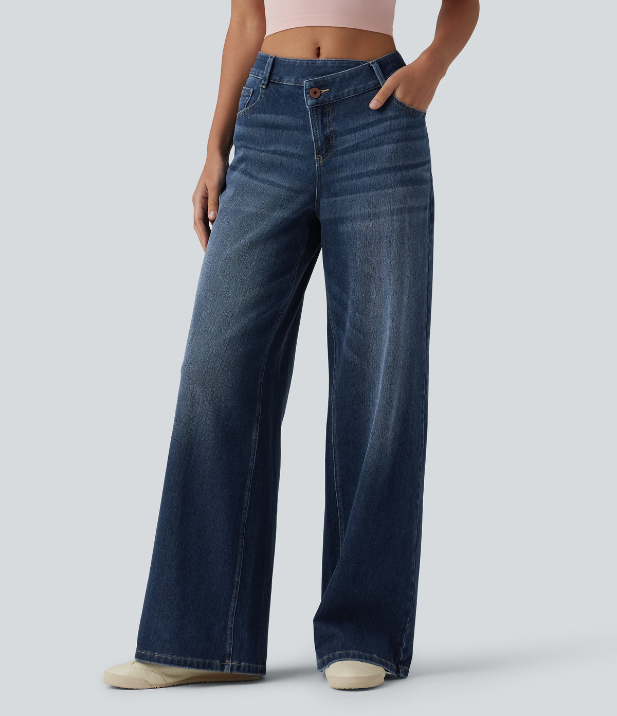 Halara Flex™ Asymmetric Mid Rise Wide Leg Casual Jeans with Pockets