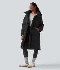 Hooded Long Sleeve Zipper Longline Casual Puffer Jacket with Pockets