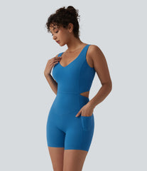 Halara UltraSculpt™ Crisscross Backless Tummy Control Butt Lifting Scrunch Non-Removable Pad Workout Skinny Romper with Pockets-Easy Peezy
