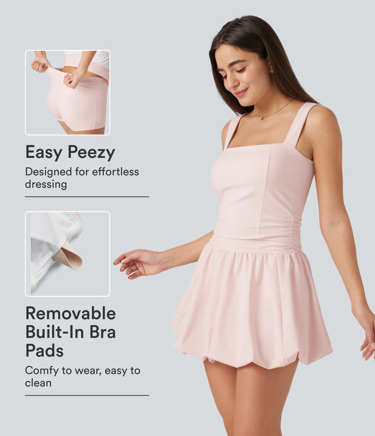 Square Neck Sleeveless Built-in Bra 2-in-1 Mini Dance Active Bubble Dress with Pockets-Easy Peezy Edition