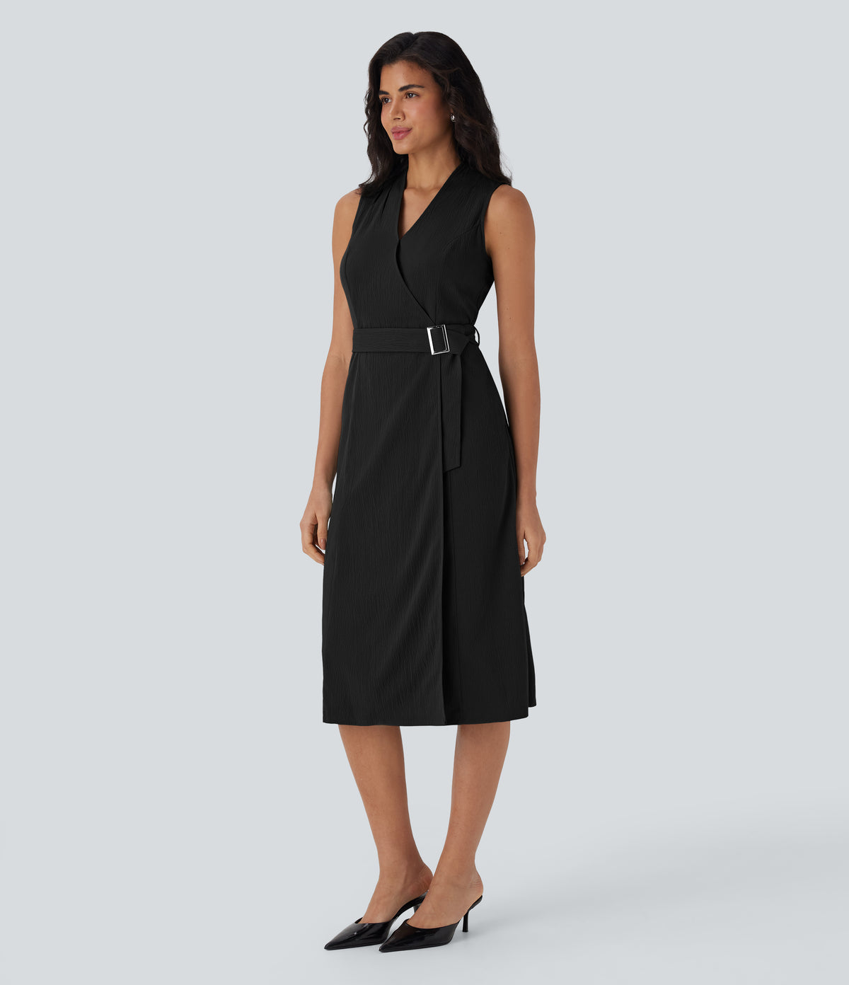 V Neck Sleeveless Wrapped Belted Midi Travel Dress with Pockets