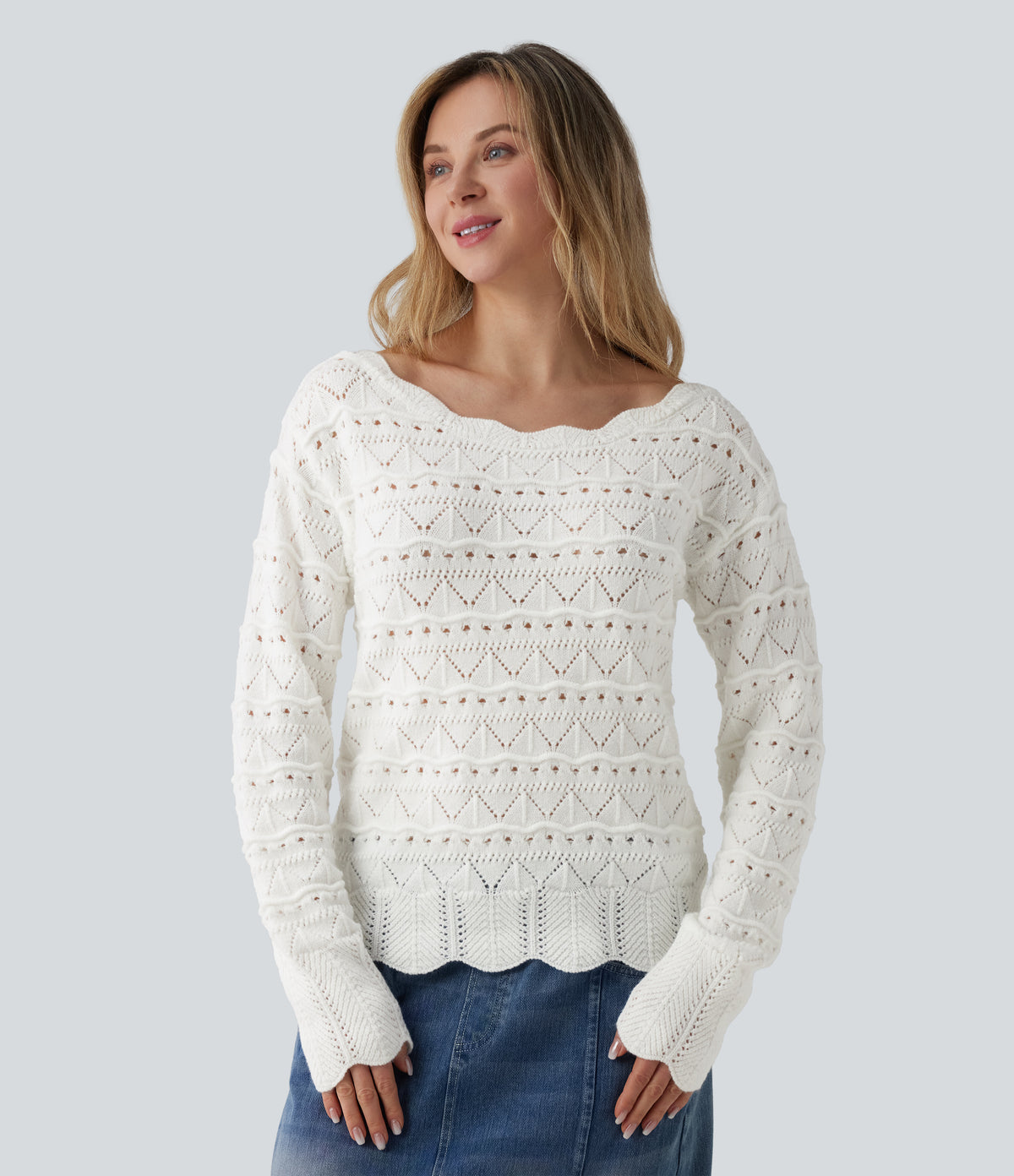 Boat Neck Long Sleeve Open Knit Casual Sweater
