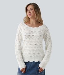 Boat Neck Long Sleeve Open Knit Casual Sweater