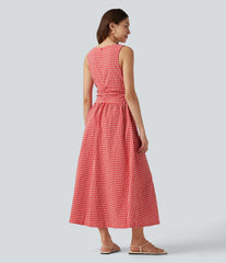 Boat Neck Sleeveless Gingham Midi Casual Dress with Pockets