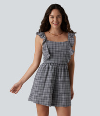 Twisted Backless Ruffle Plaid Crinkle Quick Dry Casual Romper with Pockets-Easy Peezy