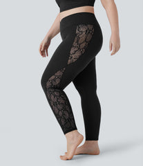 SoftlyZero™ High Waisted Crossover Contrast Lace Pocket Yoga 7/8 Plus Size Leggings-UPF50+