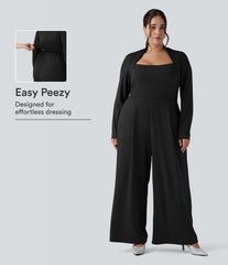 Plus Size Long Sleeve Wide Leg Jumpsuit with Pockets-Easy Peezy Edition
