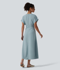 V-neck Short Sleeve Invisible Zipper Ruched Maxi A-line Work Dress