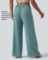 Mid Rise Drawstring Wide Leg Baggy Casual Linen-Feel Pants with Pockets