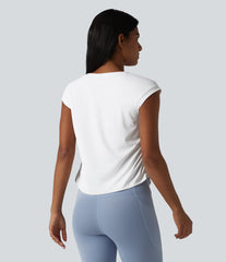 SoftlyZero™ QuickDry Round Neck Cap Sleeve Ruched Curved Hem Yoga Sports Top