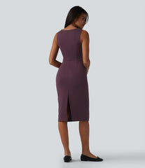 Boat Neck Sleeveless Pencil Midi Work Dress