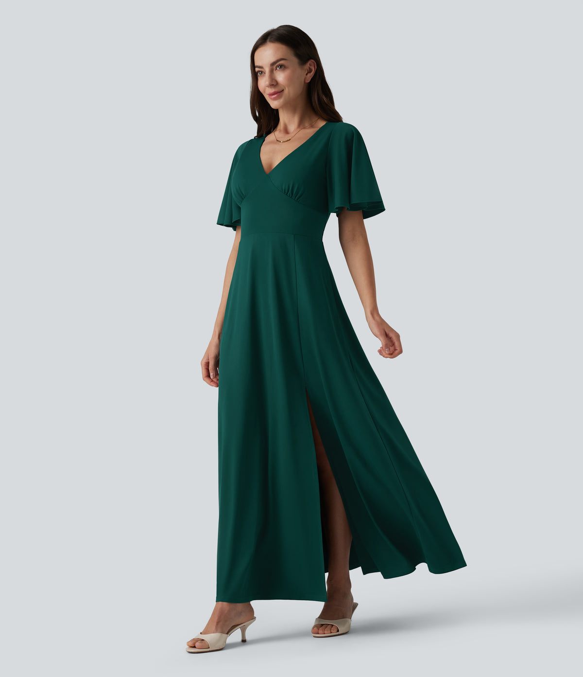 Deep V-neck Flounce Sleeve Split Built-in Bra Maxi Flowy Bridesmaid and Wedding Guest Dress with Pockets