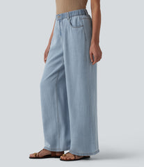 Mid Rise Draped Wide Leg Casual Jeans with Pockets