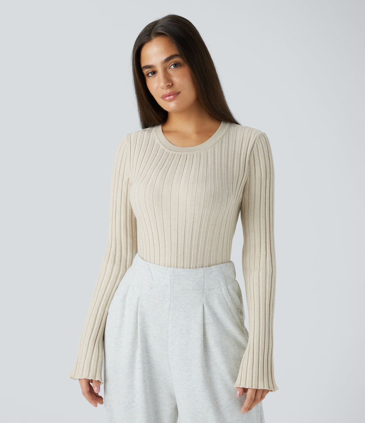 Round Neck Long Sleeve Frill Casual Sweater
