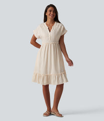 V Neck Short Sleeve Stripe Mini Casual Dress with Pockets