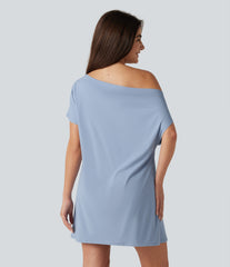 SoftlyZero™ Airy One Shoulder Short Sleeve Built-in Bra InstantCool Mini Casual Dress