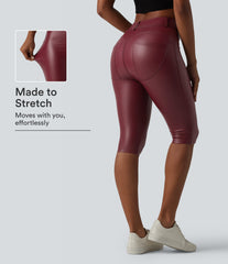 High Waisted Stretchy PU Casual Pedal Pushers Leggings with Pockets