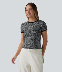 Round Neck Short Sleeve Leopard Print Casual Ringer T-Shirt