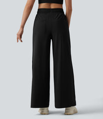 High Waisted Drawstring Wide Leg Quick Dry Running Pants with Pockets