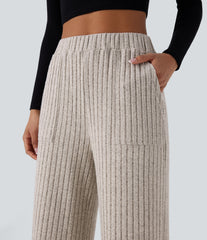 Ribbed Knit High Waisted Pockets Wide Leg Casual Pants