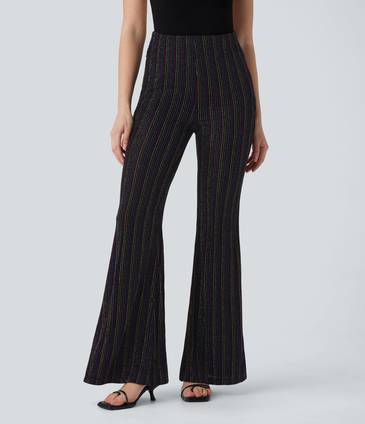 High Waisted Side Zipper Pocket Sparkle Casual Flare Pants