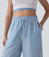 High Waisted Drawstring Wide Leg Stripe Casual Linen-Feel Pants with Pockets