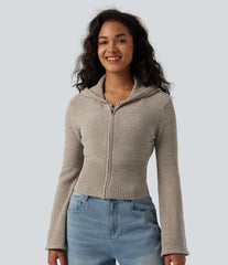 Hooded Flounce Sleeve Zip Fly Casual Cardigan