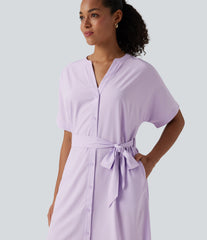 Breezeful™ V Neck Half Sleeve Belted Quick Dry Midi Work Dress with Pockets