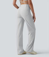 High Waisted Crossover Tummy Control Straight Leg Stripe Yoga Pants with Pockets