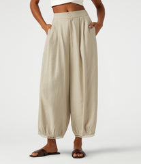 Mid Rise Ladder Trim 7/8 Length Casual Barrel Leg Pants with Pockets
