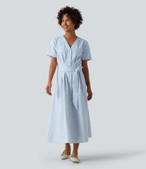 V Neck Short Sleeve Belted Stripe Midi Work Shirt Dress