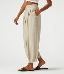 Mid Rise Ladder Trim 7/8 Length Casual Barrel Leg Pants with Pockets