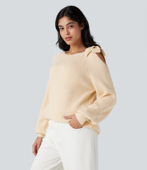 Round Neck Tie Side Long Sleeve Sweater Knit Casual Top
