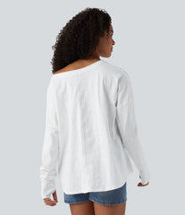 Boat Neck Long Sleeve Thumb Hole Tie Side Casual Cotton T-Shirt