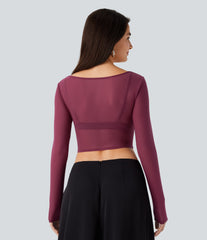 Boat Neck Long Sleeve Sheer Mesh Cropped Top