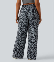 High Waisted Wide Leg Leopard Print Waffle Casual Pants with Pockets