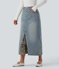 Halara Flex™ Mid Rise Contrast Leopard Mesh Midi Denim Casual A-line Skirt with Pockets
