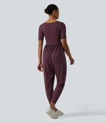 SoftlyZero™ Airy Scoop Neck Short Sleeve Built-in Bra InstantCool Casual Jumpsuit with Pockets-Easy Peezy Edition