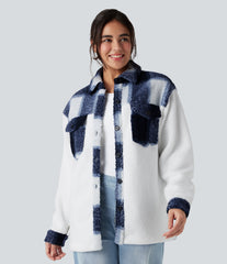 Long Sleeve Plaid Color Block Casual Sherpa Jacket with Pockets