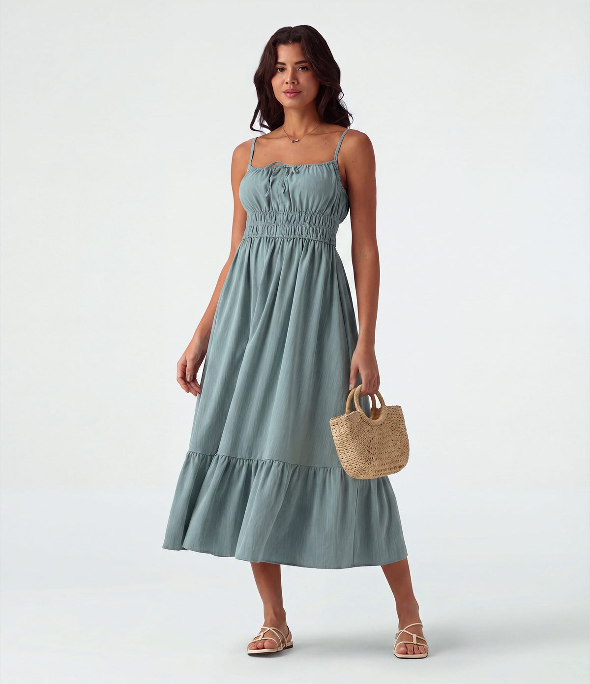 Tie Front Flowy Midi Casual Linen-Feel Slip Dress